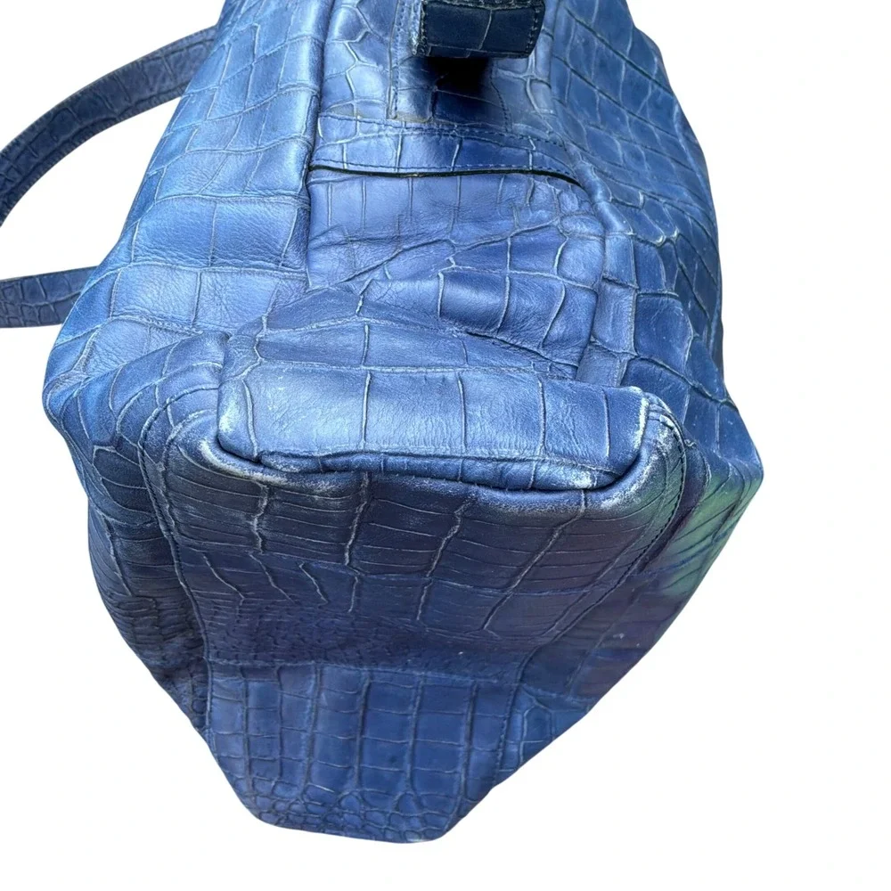 Falor Tote Bag Large Blue Croc Embossed Leather Braided Handles Made in Italy